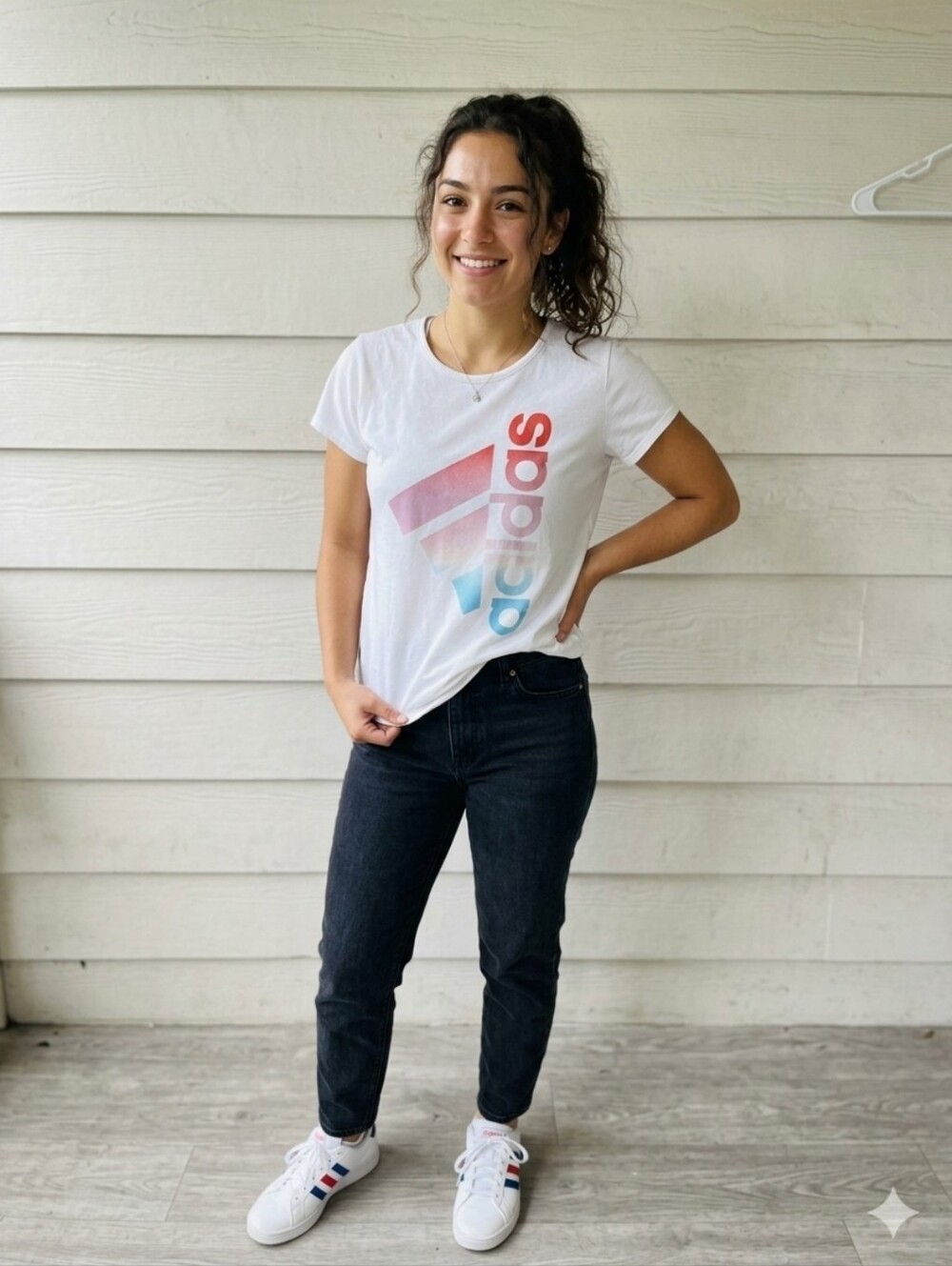 adidas White Tee with Red-to-Blue Gradient Logo